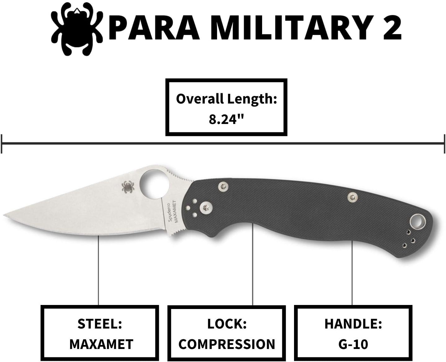 Spyderco Para Military 2 Signature Maxamet Knife with 3.42" Steel Blade and Durable Dark Gray G-10 Handle - PlainEdge - C81GPDGY2