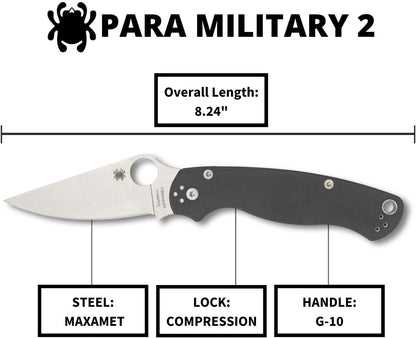 Spyderco Para Military 2 Signature Maxamet Knife with 3.42" Steel Blade and Durable Dark Gray G-10 Handle - PlainEdge - C81GPDGY2