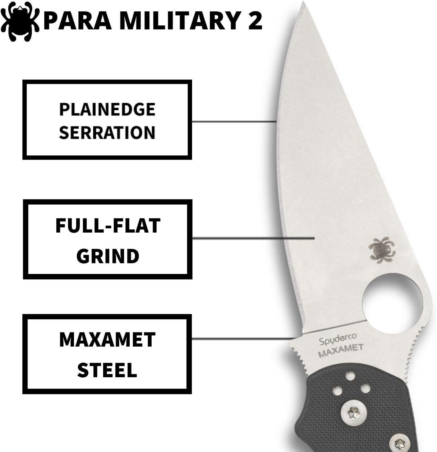 Spyderco Para Military 2 Signature Maxamet Knife with 3.42" Steel Blade and Durable Dark Gray G-10 Handle - PlainEdge - C81GPDGY2