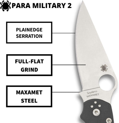 Spyderco Para Military 2 Signature Maxamet Knife with 3.42" Steel Blade and Durable Dark Gray G-10 Handle - PlainEdge - C81GPDGY2