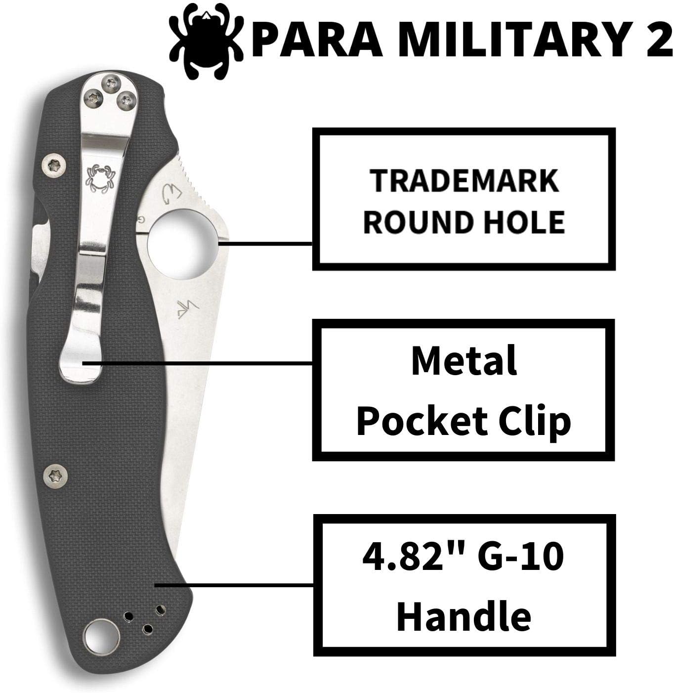 Spyderco Para Military 2 Signature Maxamet Knife with 3.42" Steel Blade and Durable Dark Gray G-10 Handle - PlainEdge - C81GPDGY2