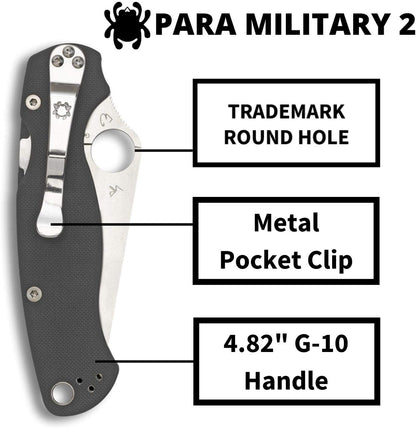 Spyderco Para Military 2 Signature Maxamet Knife with 3.42" Steel Blade and Durable Dark Gray G-10 Handle - PlainEdge - C81GPDGY2
